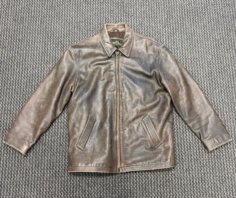 Vintage Structure Mens Brown Distressed Full-Grain Leather Bomber Jacket Size L